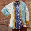 Pletený cardigan na 15mm jehlicích z vlny The Wave Wool v barvách Natural, Aquamarin a Mustard